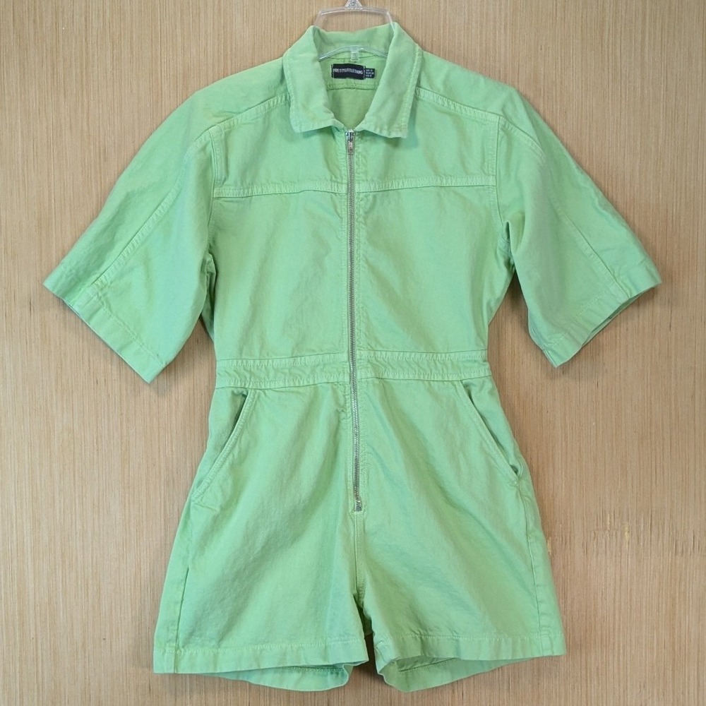 PrettyLittleThing Women's Denim Utility Romper Playsuit Size 6 Lime Green Zip Up